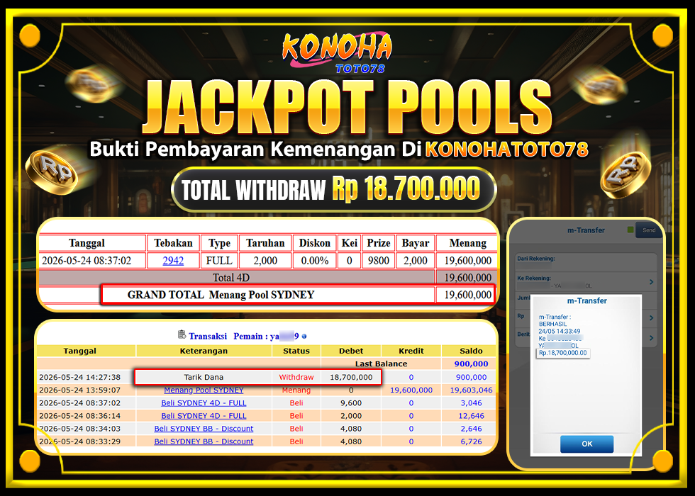 KONOHATOTO78 JACKPOT TOGEL PASARAN SYDNEYRp.18.700.000-LUNAS
